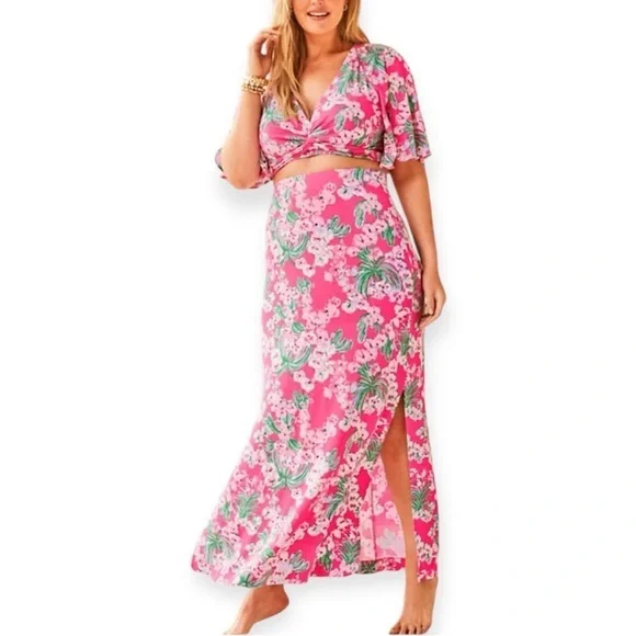 LILLY PULITZER Minka Maxi Skirt 2 Piece Set Roxie Pink Worth A Look Crop Top NWT